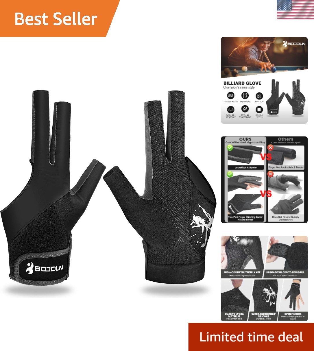 3-Finger Billiard Pool Glove for Left Hand - Breathable Comfort Fit
