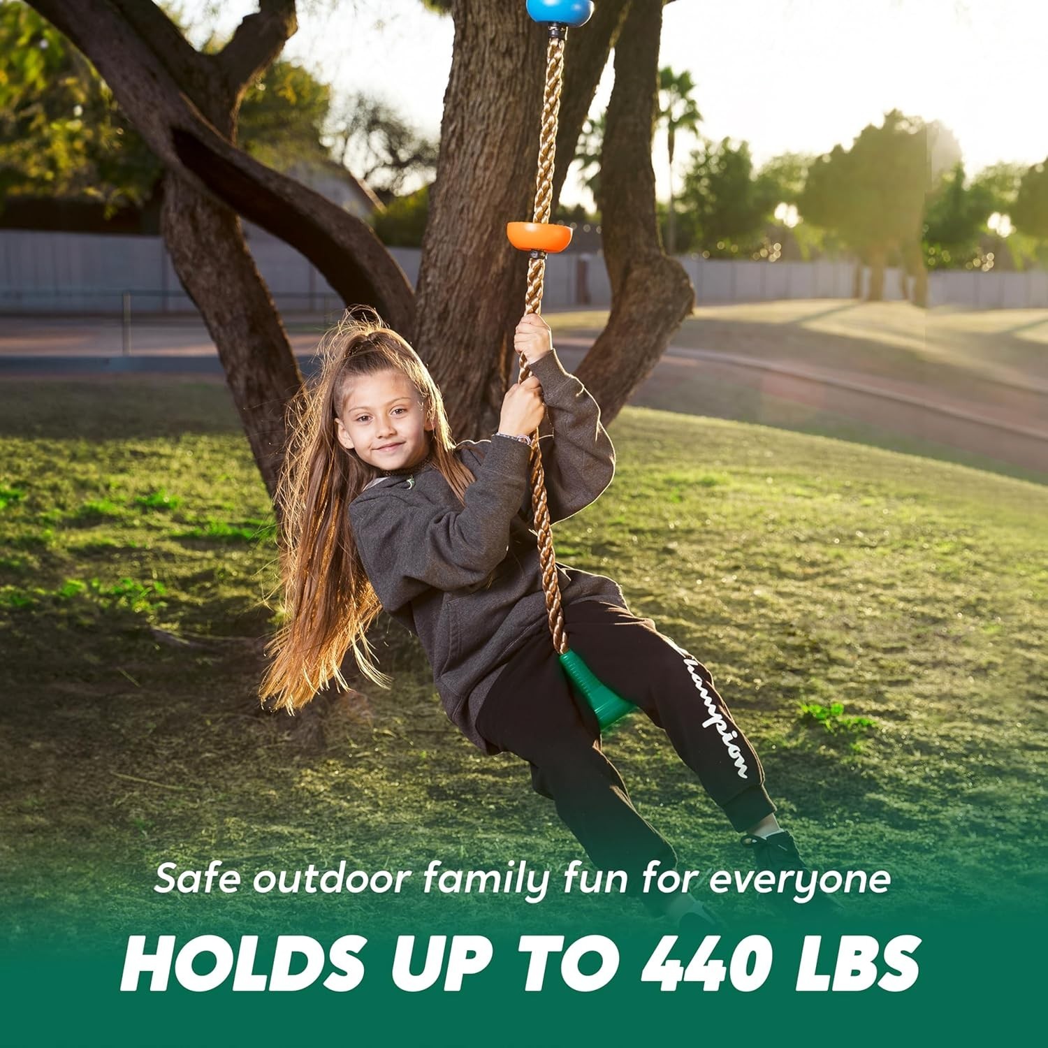 Turfee Kids Tree Swing Set with Disc Seat Climbing Rope & Carabiner Green