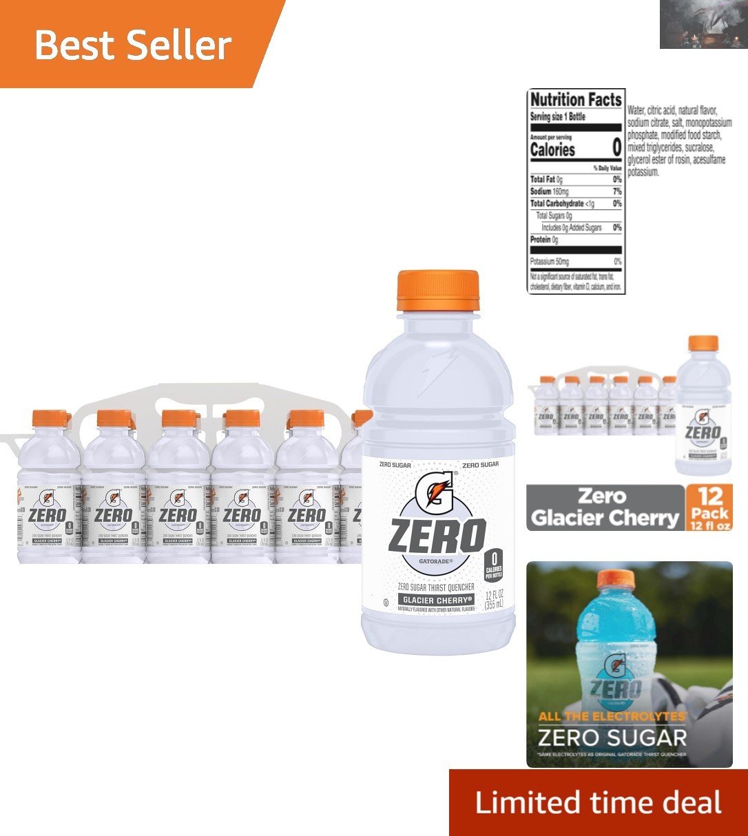 Zero Sugar Gatorade G Zero Glacier Cherry, 12oz Electrolyte Drink - 12 Pack