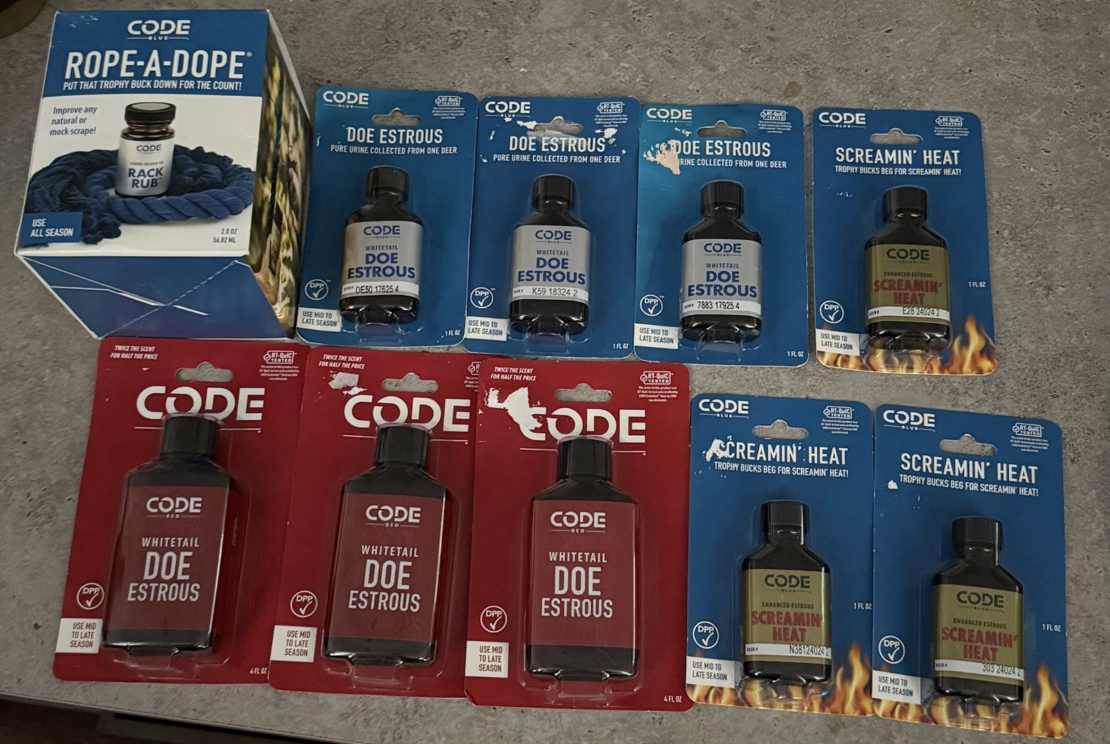 Code Blue & Code Red Deer Estrous Lot Plus Rope-A-Dope Scrape Rope X10 Products!