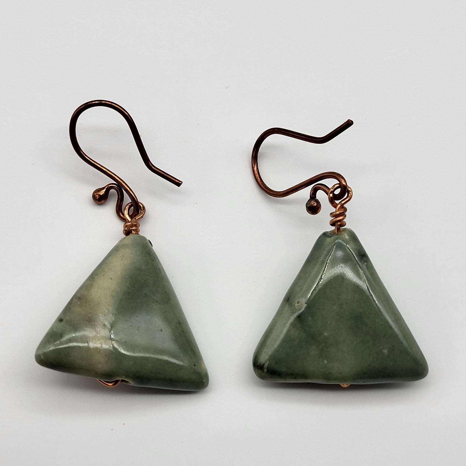 Lovely Artisan Glazed ceramic Wire wrap earrings pyramid boho triangle