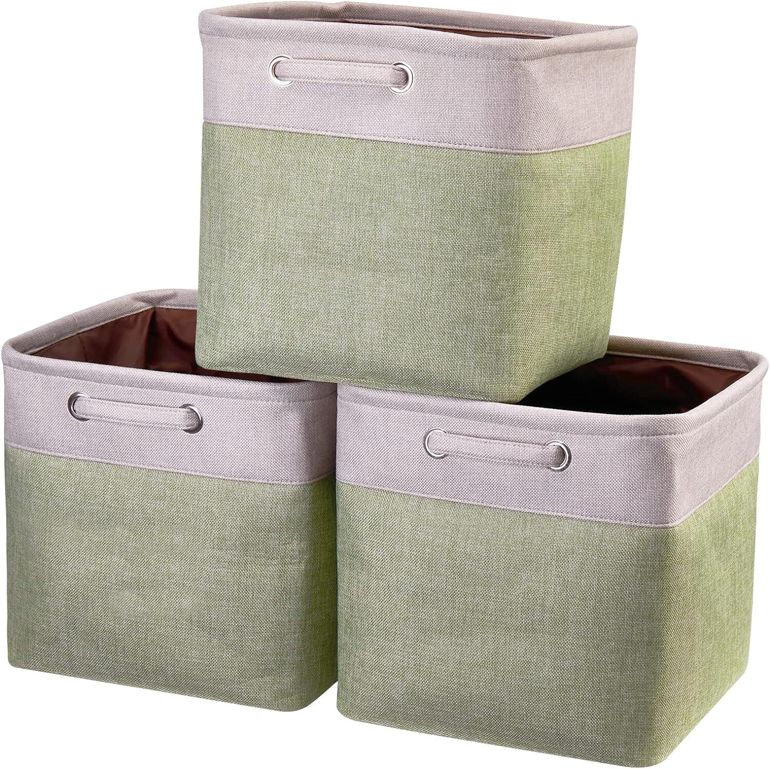 Fabric Cube Storage Boxes Foldable Bins Silver-khaki and light green