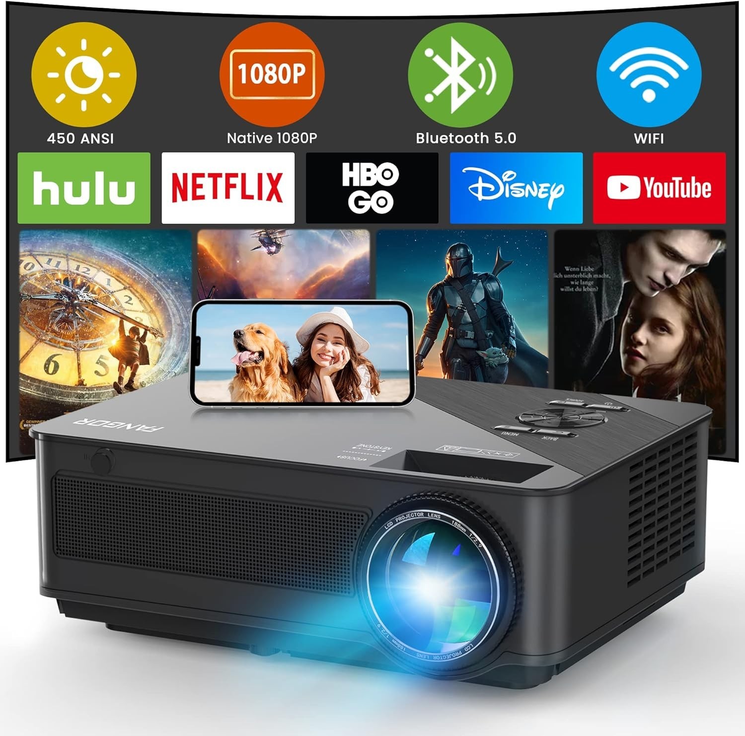 Native 1080P Projector WiFi Mirroring Full HD Movie Projector With 250" Dispaly