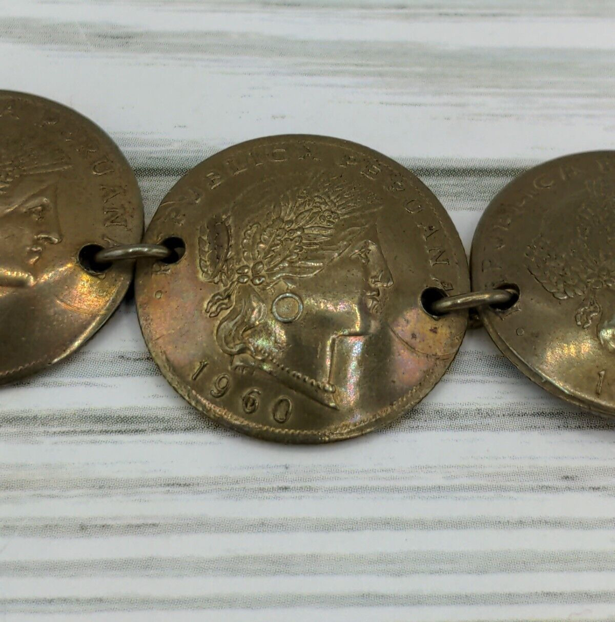 Vintage Peru Brass Coin Bracelet Souvenir Peruvian