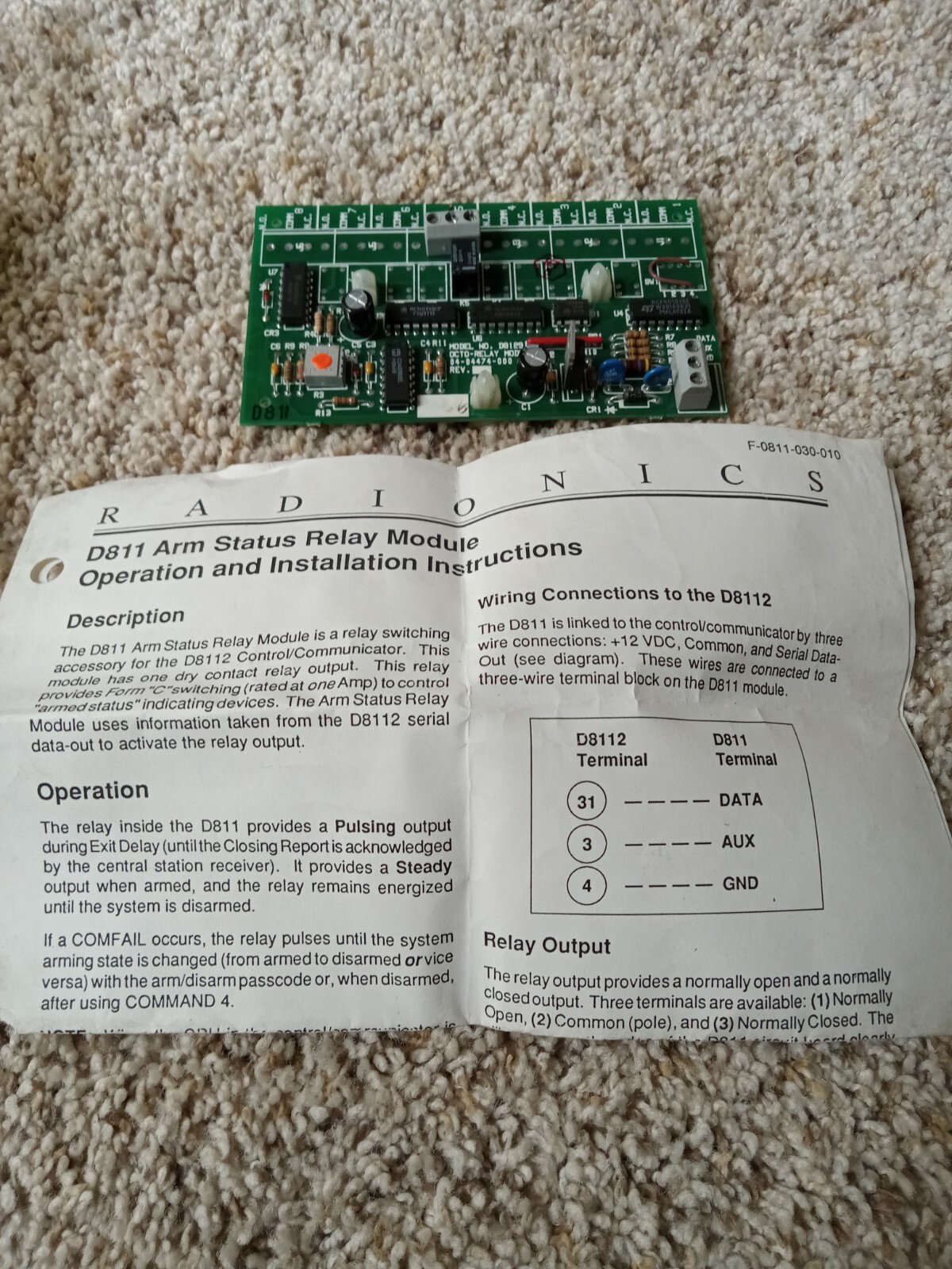 Radionics D811 arm status relay module for D8112 Alarm panels