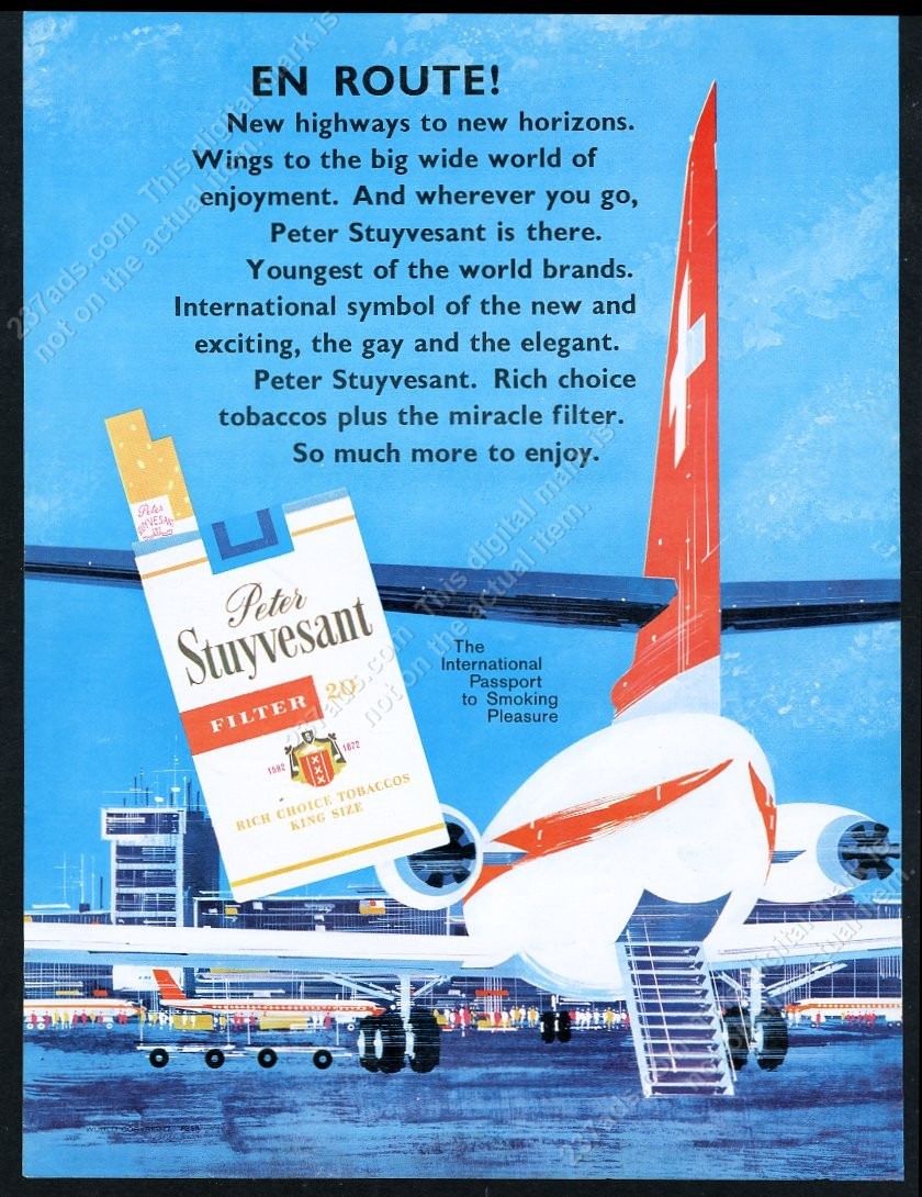 1966 Swissair plane airport art Peter Stuyvesant cigarettes vintage print ad