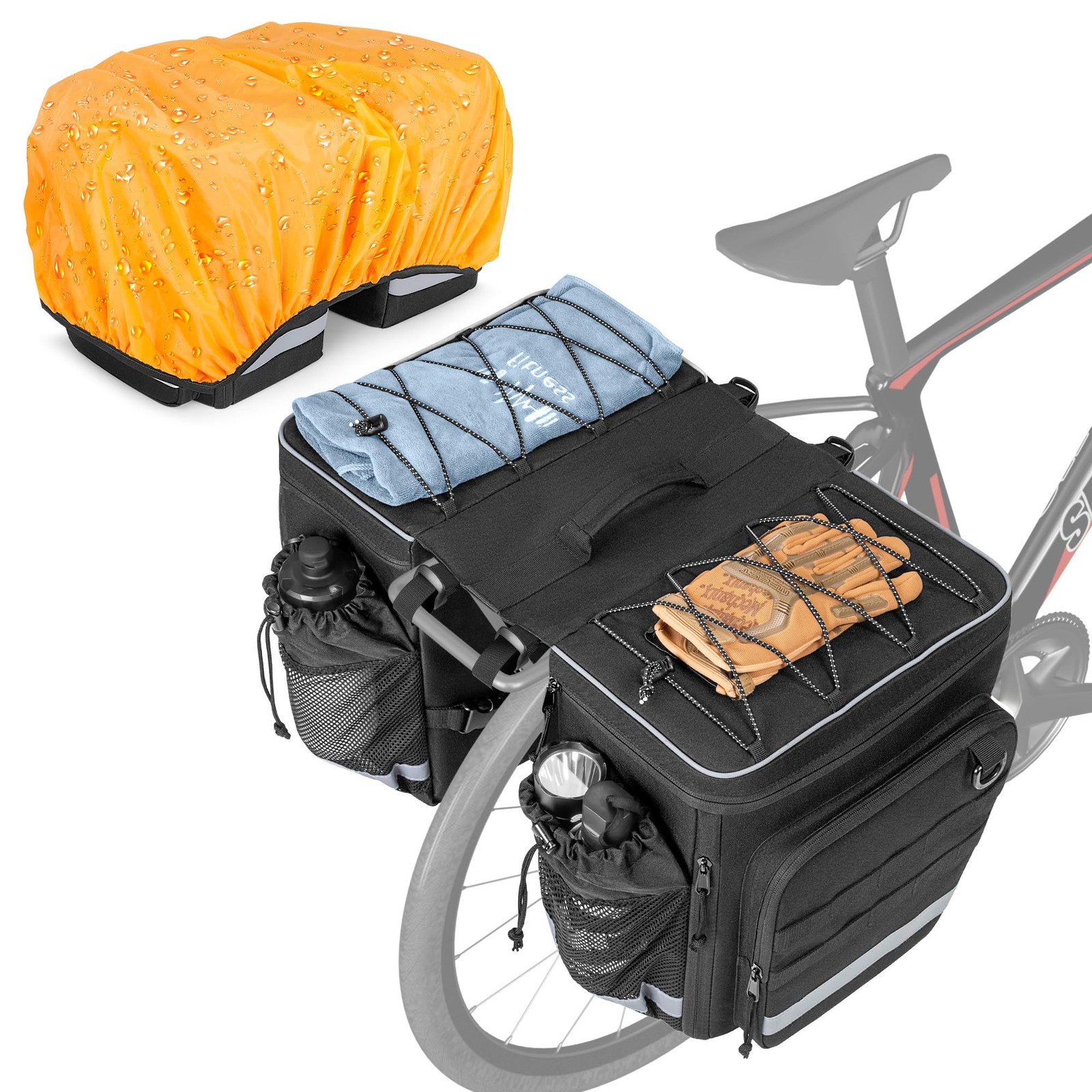 Bike Pannier Bag with Rain Cover, 50L Expandable Rear Rack Saddle
