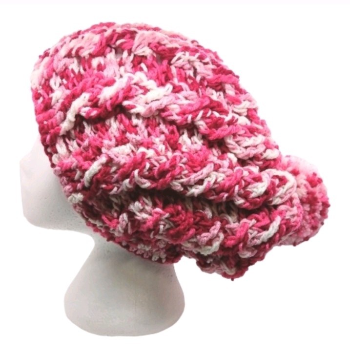 HANDMADE Pink & White Cable Stitch Hand Crocheted Slouchy Beanie w/ Pom Pom