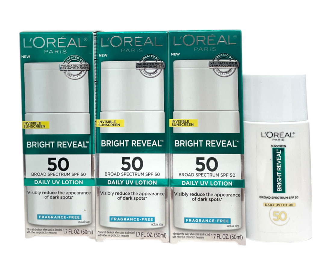 L'oreal Bright Reveal SPF50 UV Lotion Fragrance-Free, Lot Of 3, (1.7fl.oz/50ml)