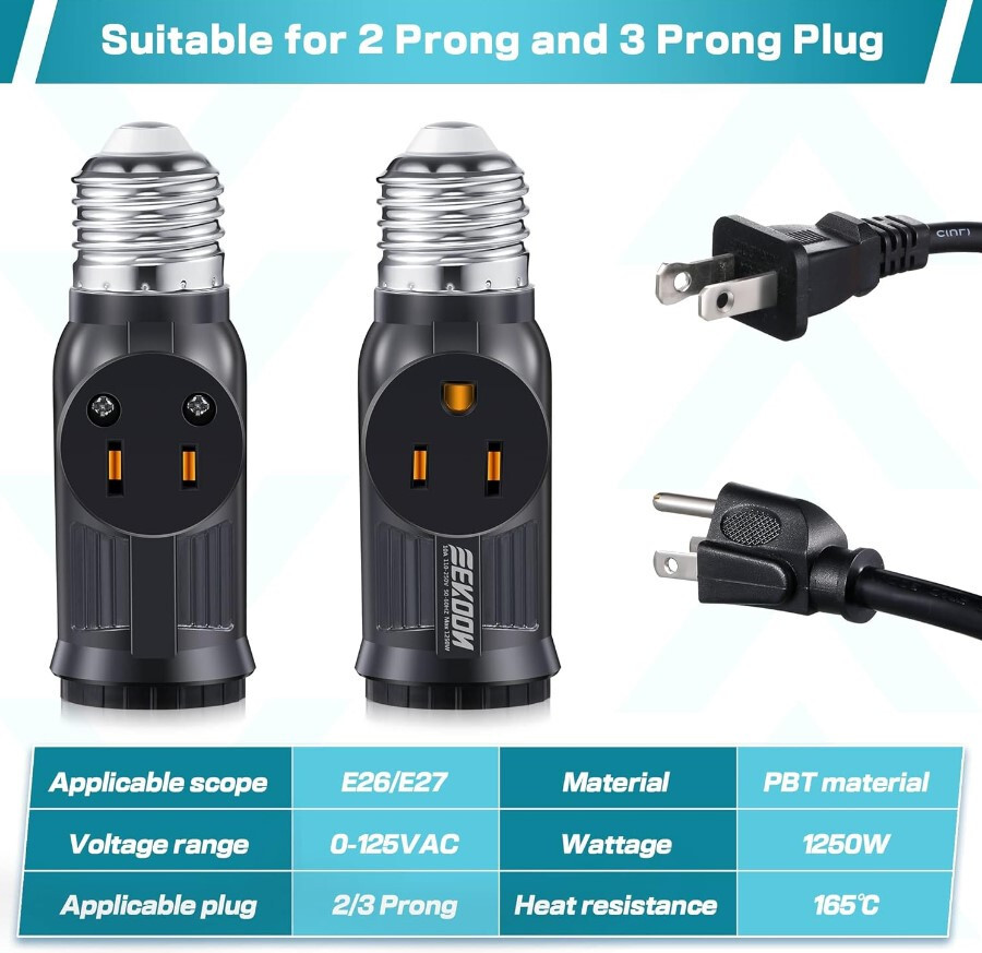 3 Prong Light Bulb Outlet Socket Adapter E26 E27 Light Socket to Plug Adapter