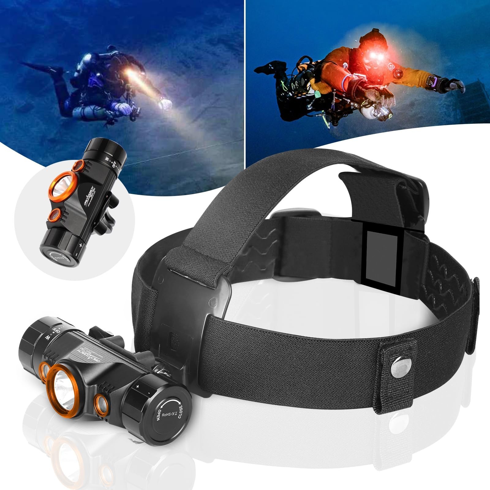 ORCATORCH TD01 Diving Headlamp 1200 Lumens Scuba Dive Light 5 Modes Dual-Colo...