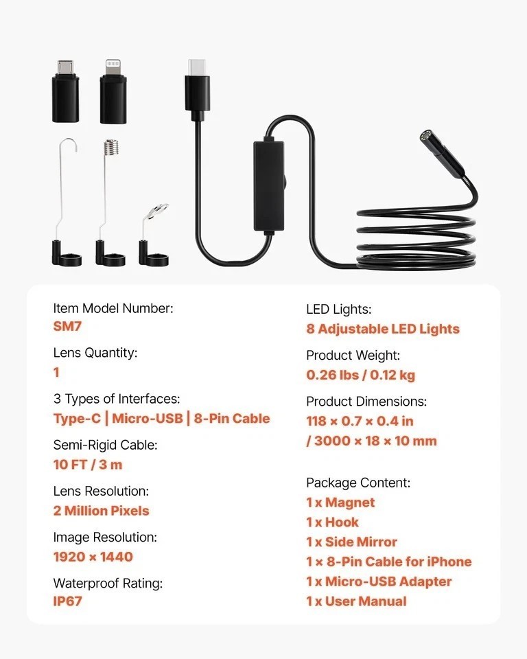 Endoscope Camera 1920P HD Borescope for Android & IOS with 10FT Cable
