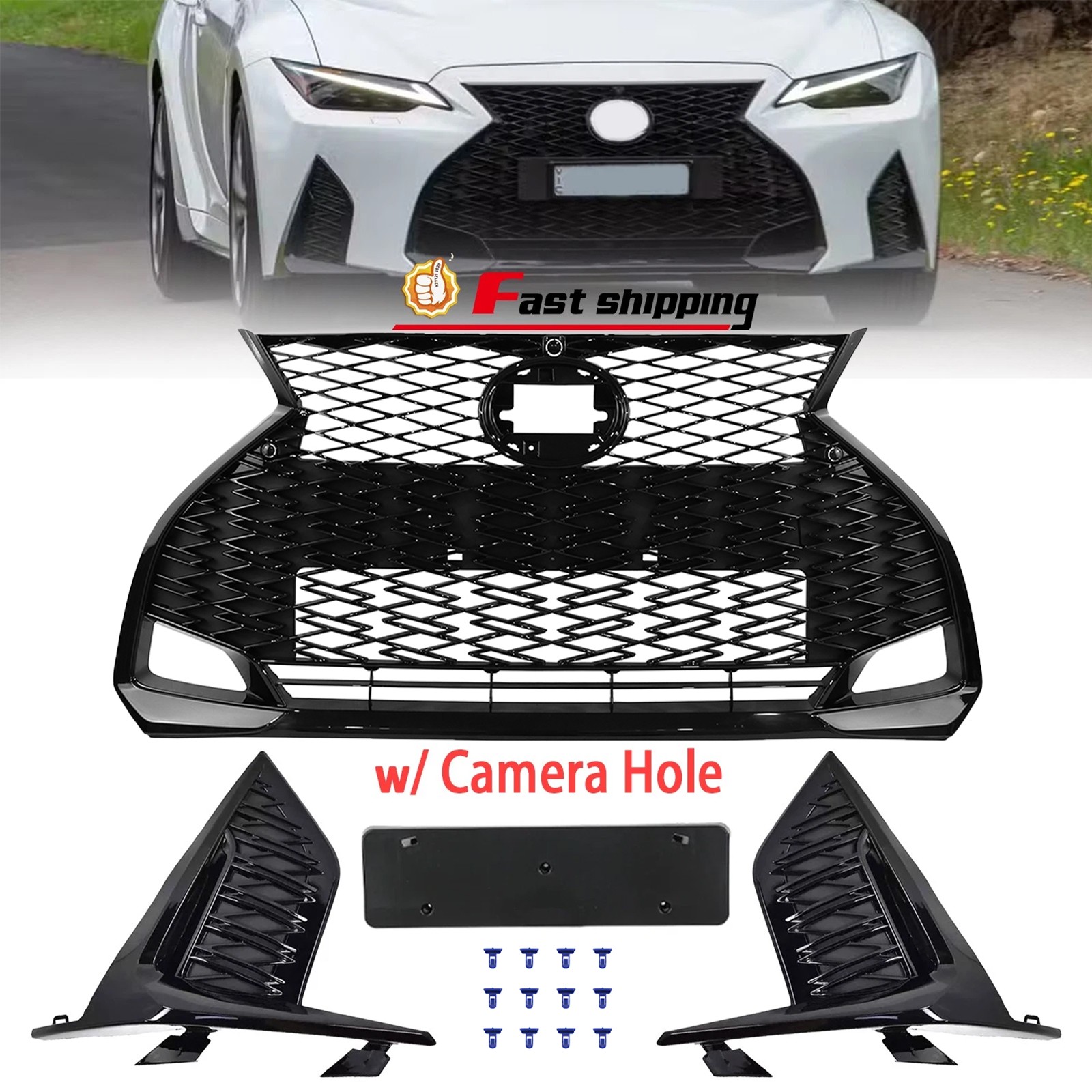 For 2021-2024 Lexus IS300 IS350 F-sport Front Grille Gloss Black Fog Light Cover