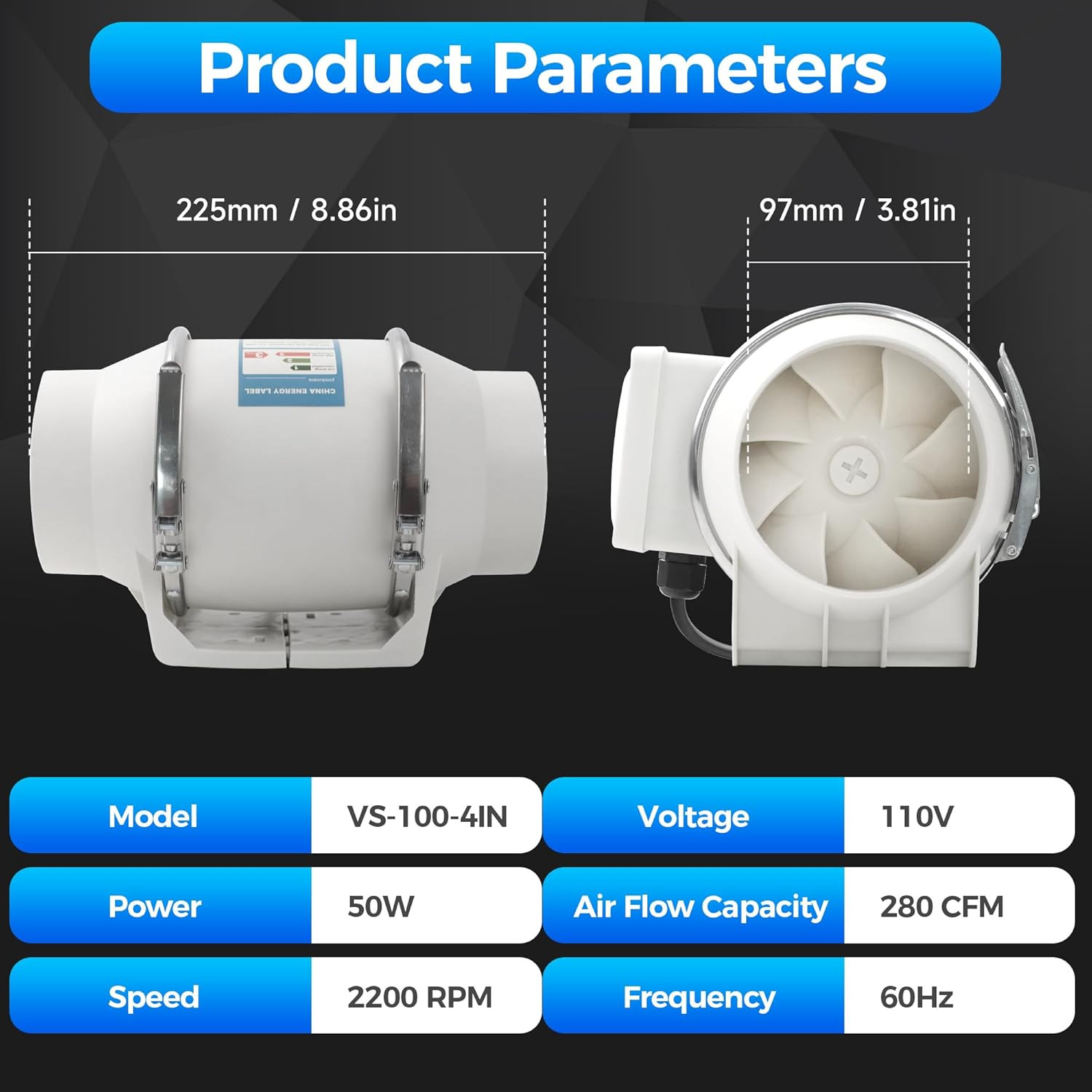 4" Inch Inline Exhaust Fan with Remote Control, 280 CFM High Efficiency Air Flow