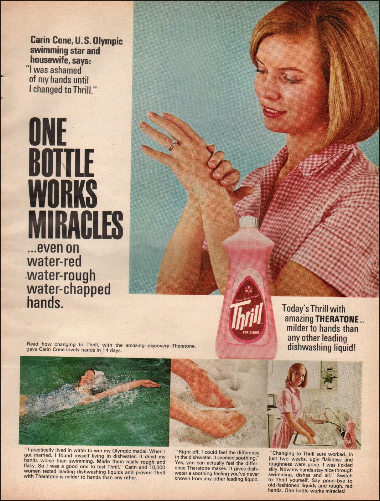 1965 Vintage ad Thrill dish detergent retro U.S. Olympic Carin Cone Swim 7/31/22