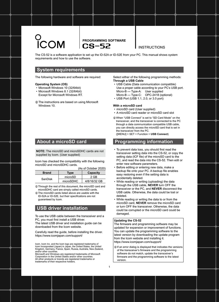Icom CS-52 — 2 in 1 Owners Manual User Guide Instructions — 18 Pages — USA Made