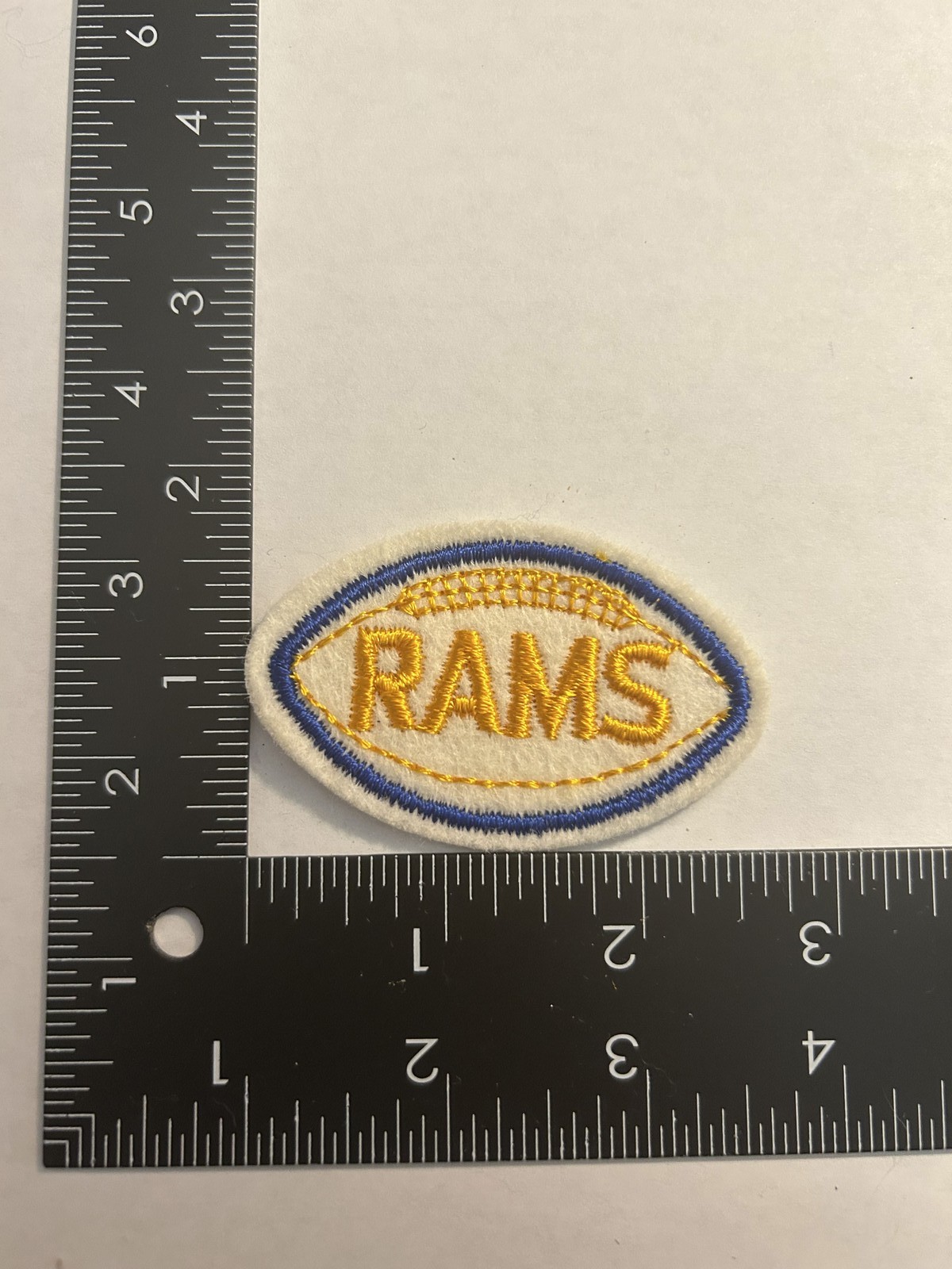1970s VINTAGE NFL FOOTBALL SHAPED 2.75" PATCH RAMS GOLD TEXT BLUE FOOTBALL