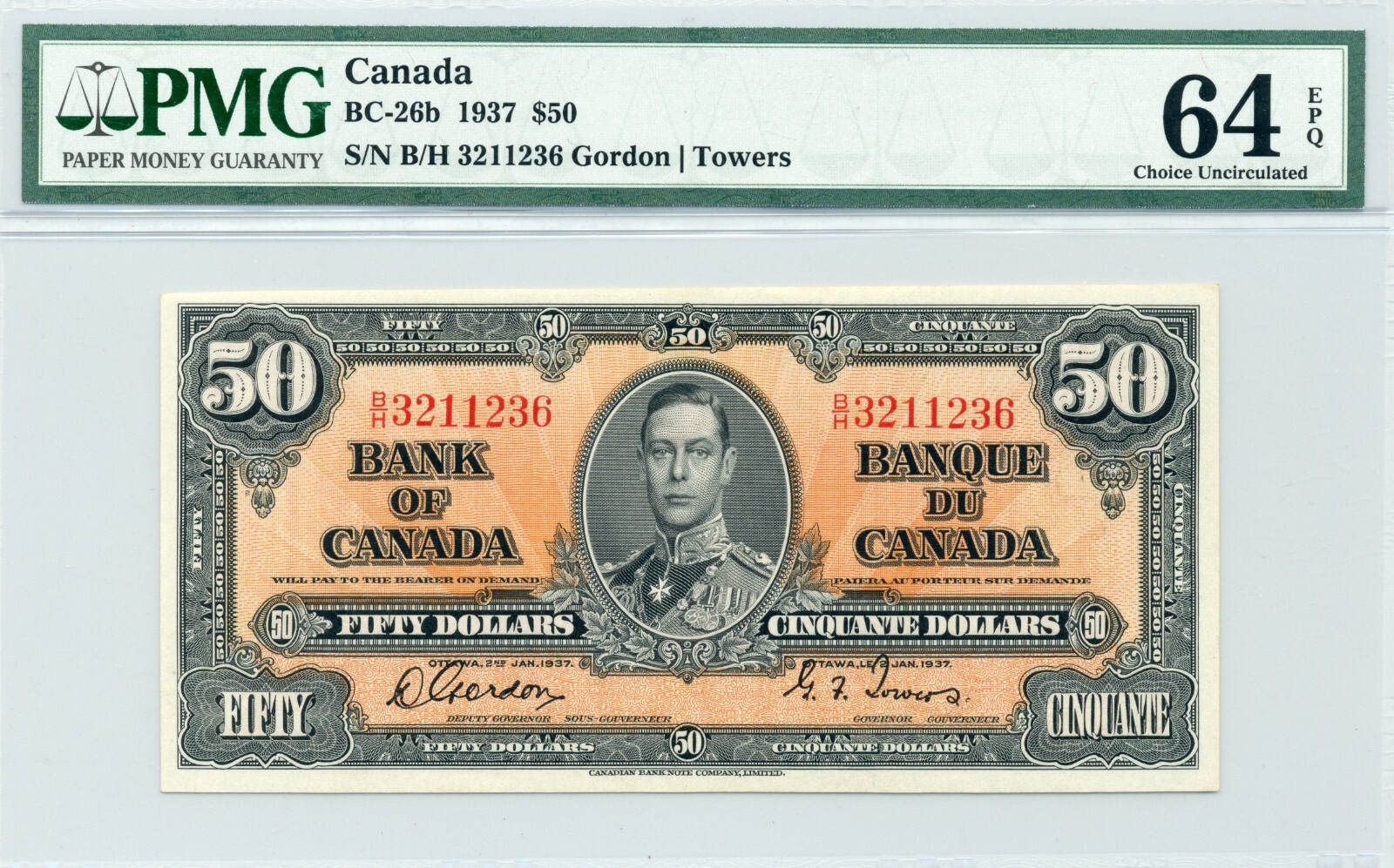 1937 $50 Bank of Canada BC-26b, PMG Choice UNC64 EPQ
