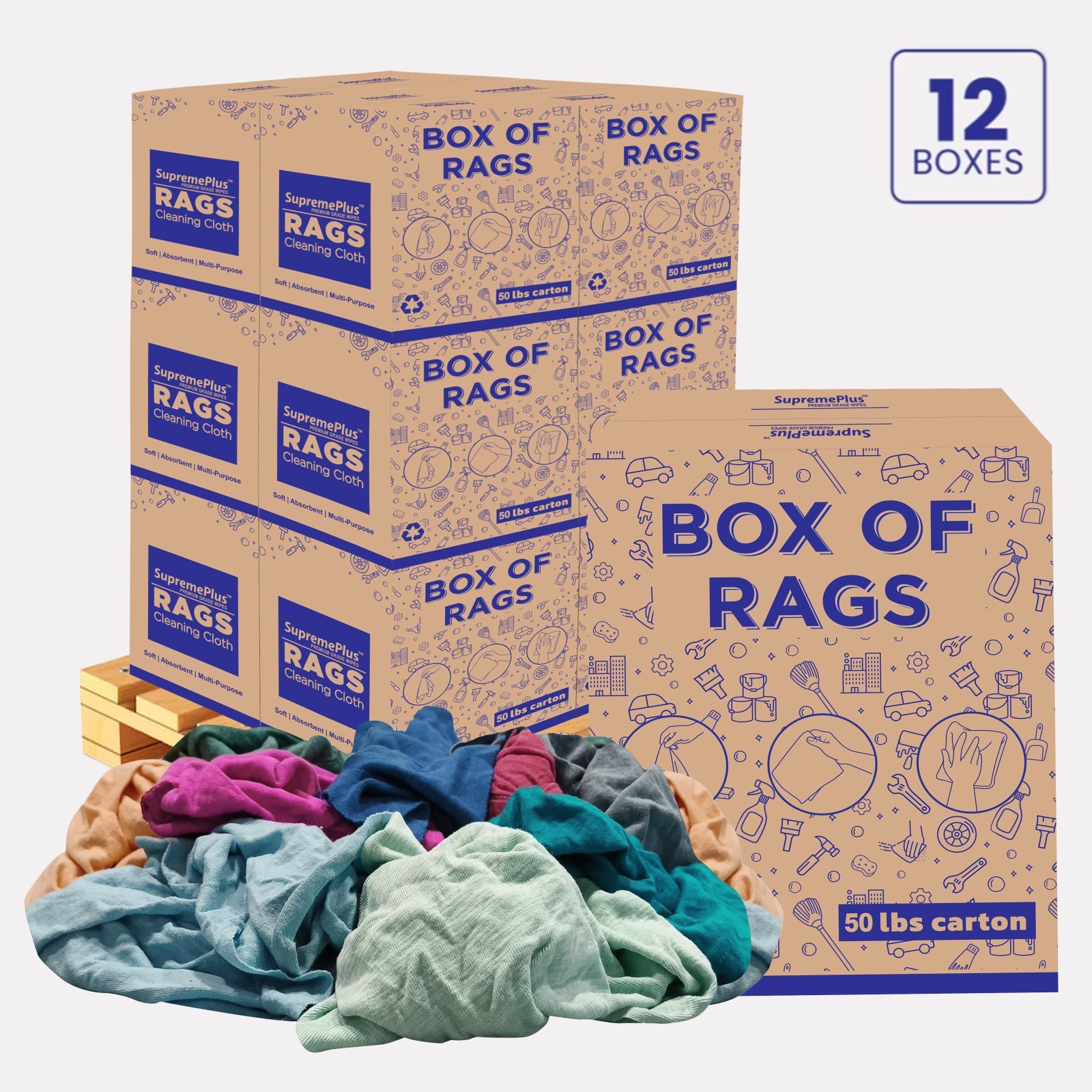 New Colored T-Shirt Rags - 600 Lb. Pallet 12x50 Lb. Boxes - Multipurpose Wipers
