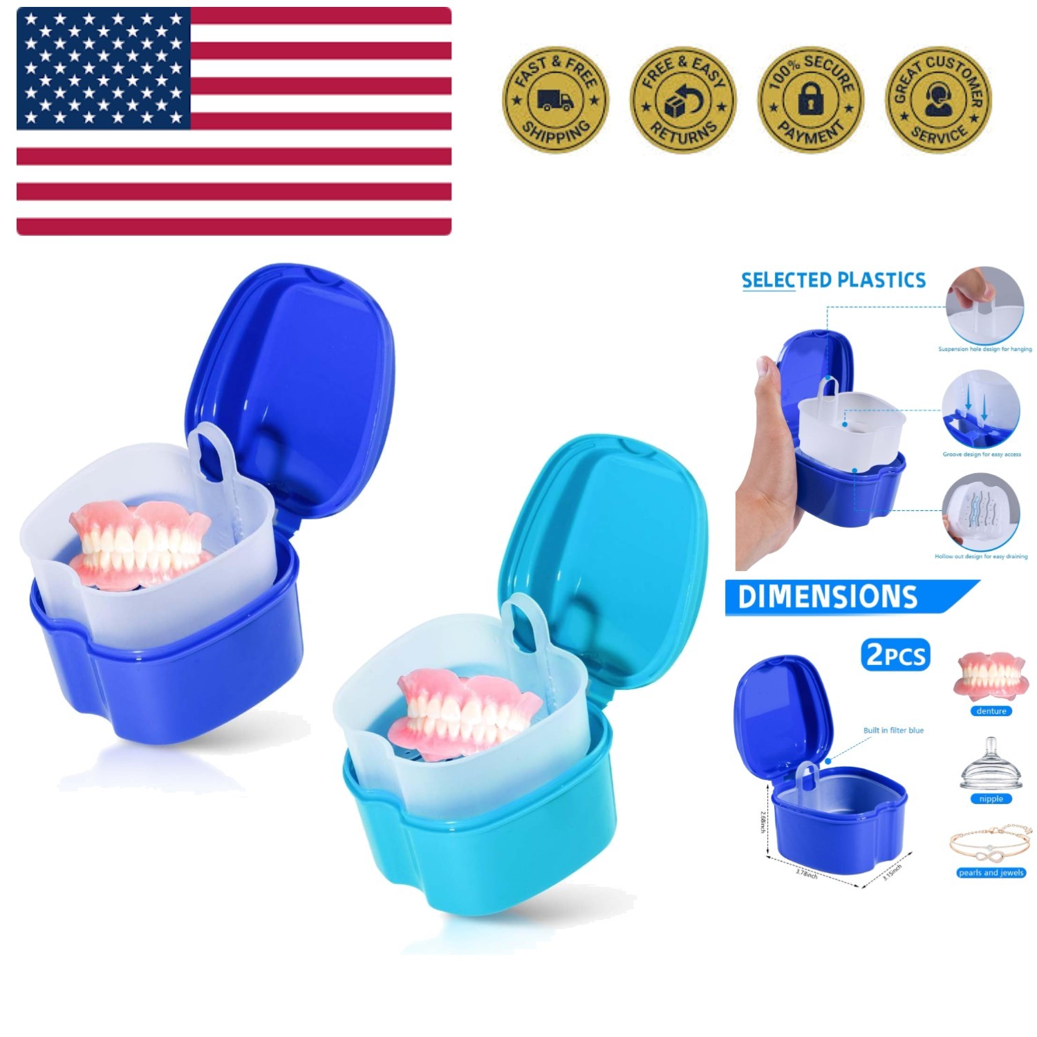 2 Pack Colors Denture Bath Case Cup Box Holder Storage Soak Container with St...