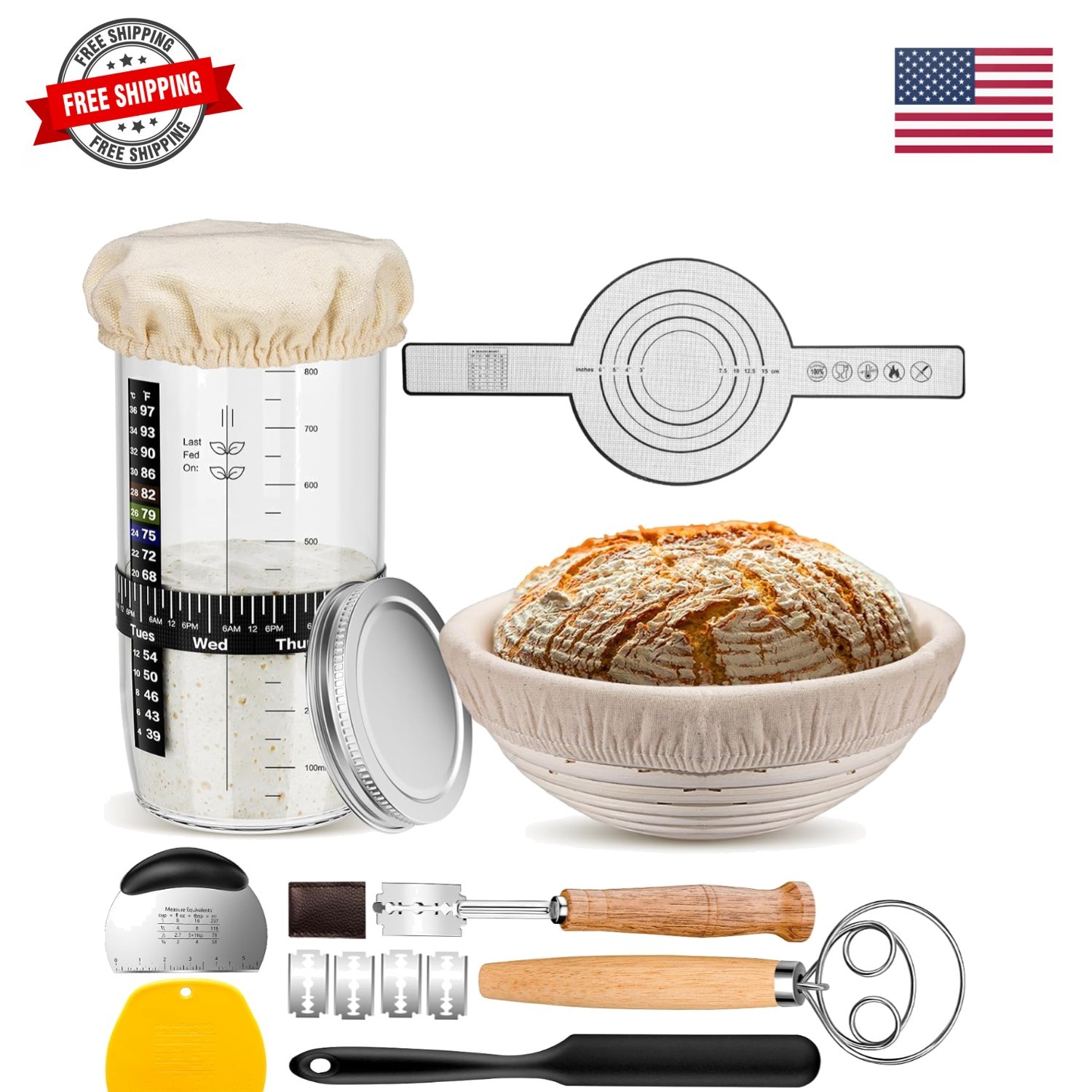 Sourdough Starter Kit,9''Round Proofing Basket,36oz Sourdough Starter Jar | B...
