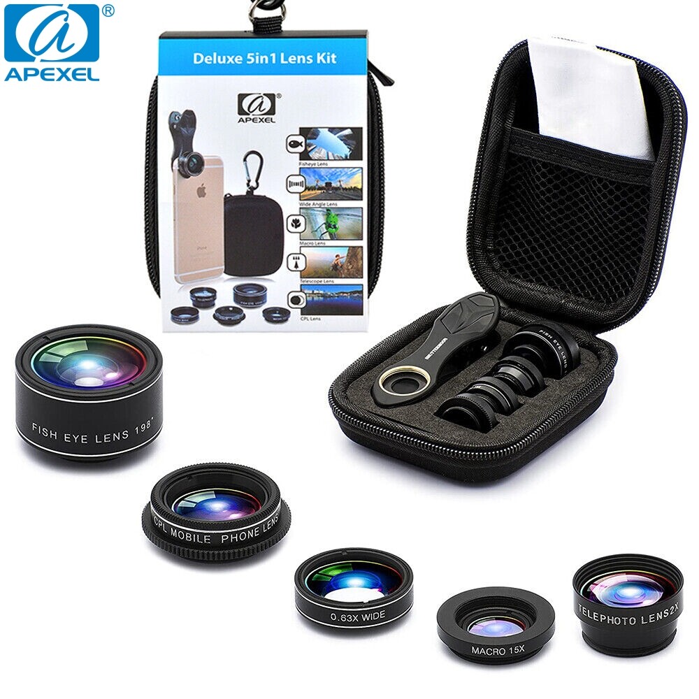 APEXEL Phone Camera Lens Kit 5 in 1 0.63x Wide Angle/15x Macro/2X Telephoto Lens