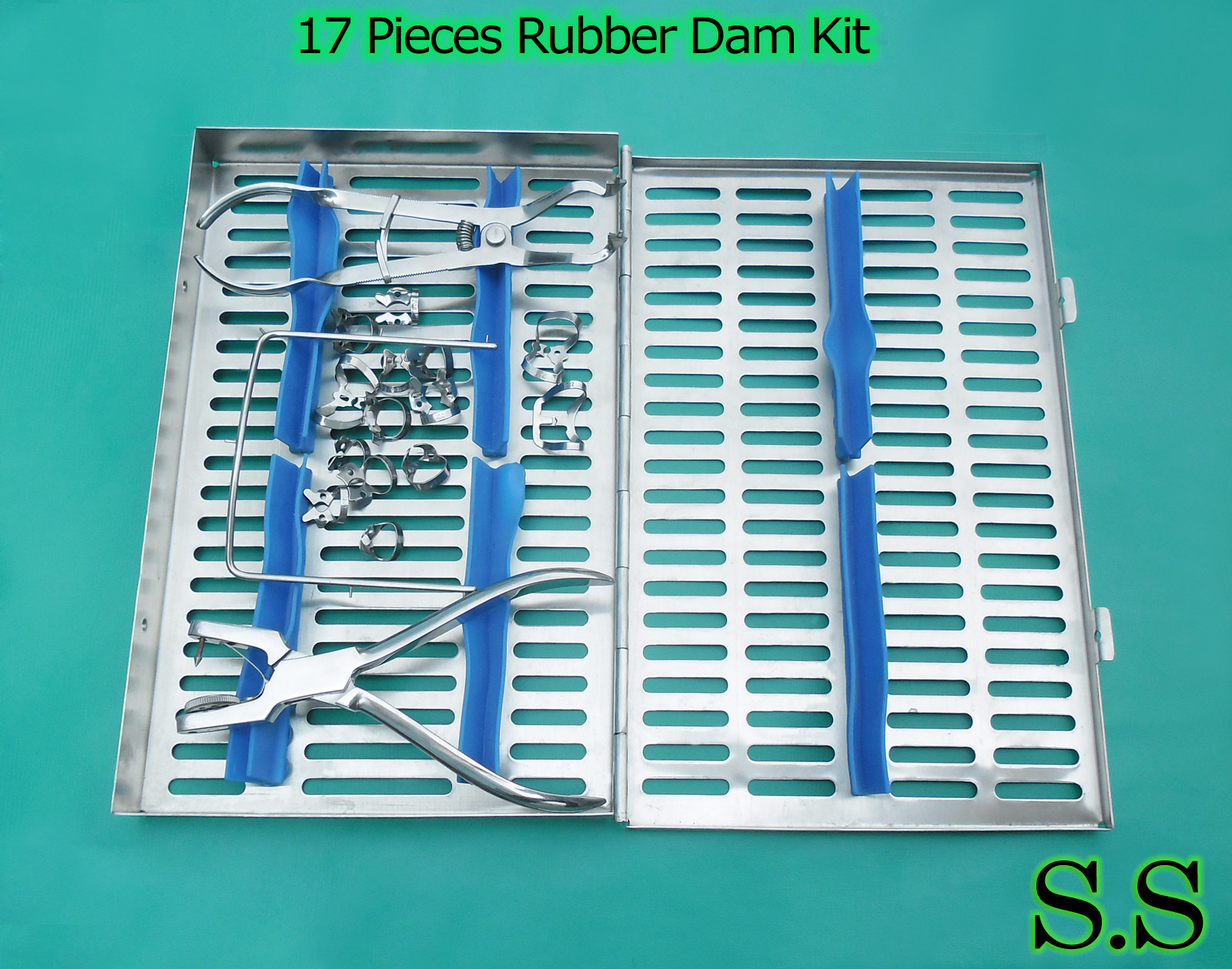 Rubber Dam 17 Piece Set Up,Clamps,Punch,Forceps,Frame,Case DN-546