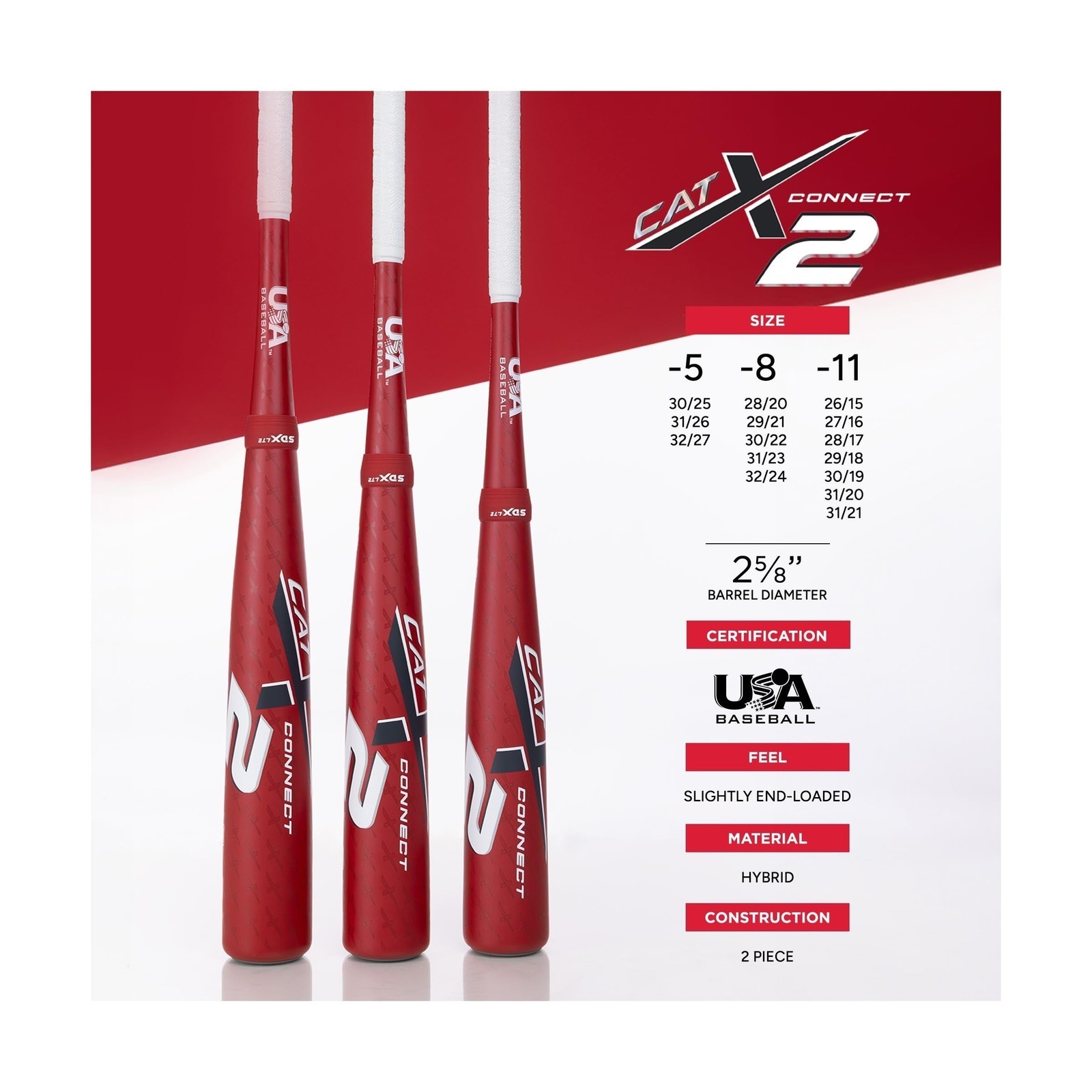 Baseball Bat 2 5/8" Barrel -5/-8/-11 Drop End-Loaded