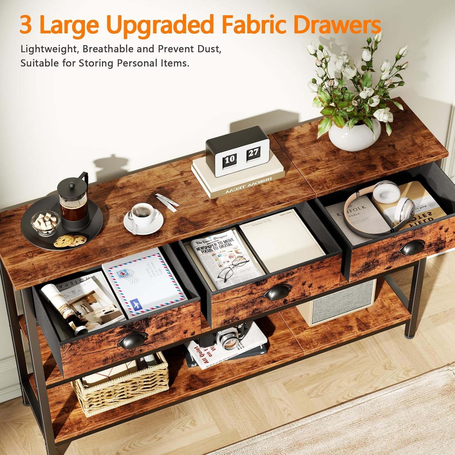47" Console Sofa Table with 3 Drawers,Entryway Table with 3-Tier Storage Shelves