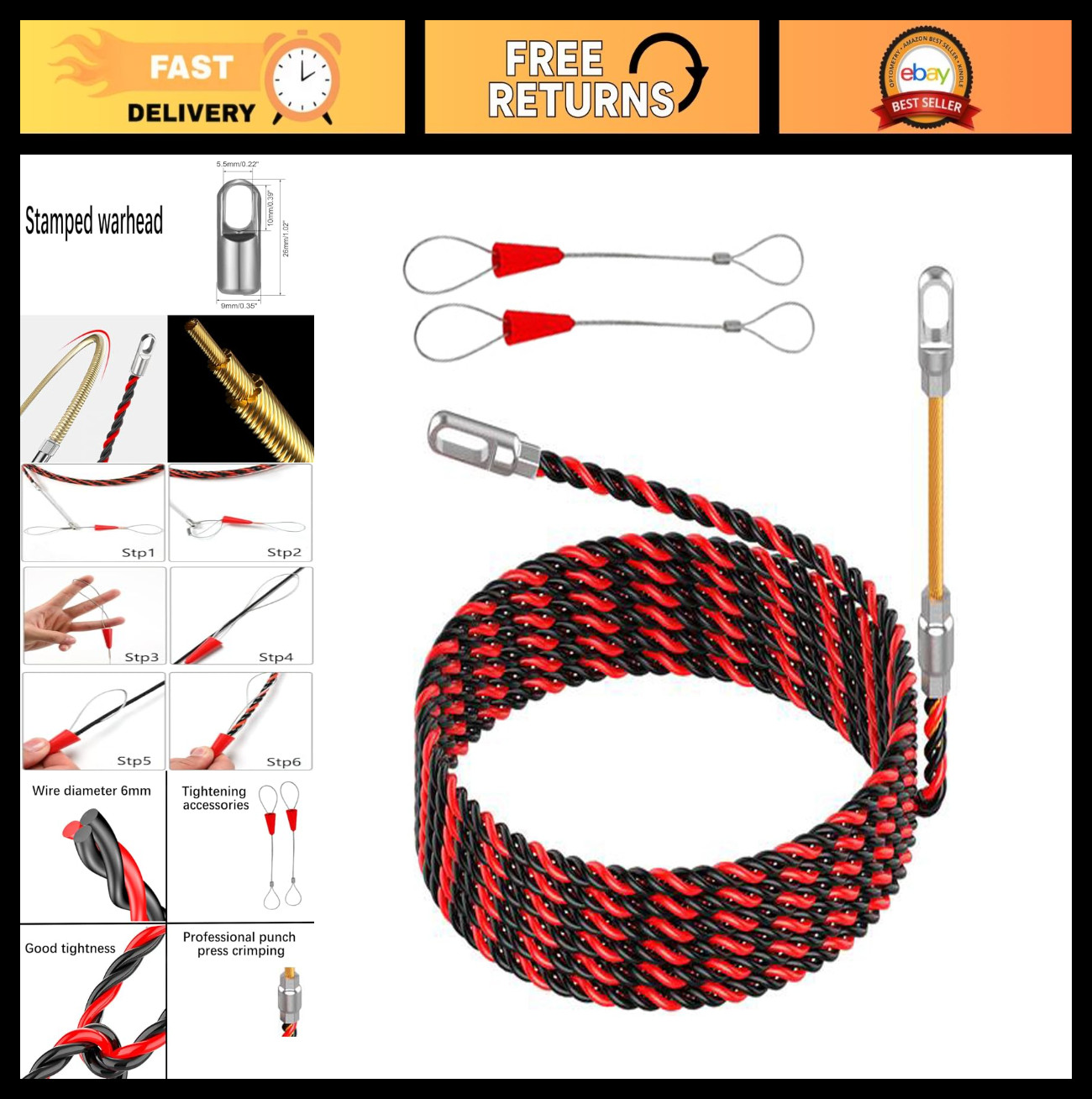 100ft Fish Tape Cable Puller Kit - 1/6" PET Wire Guide for Electrical Wiring