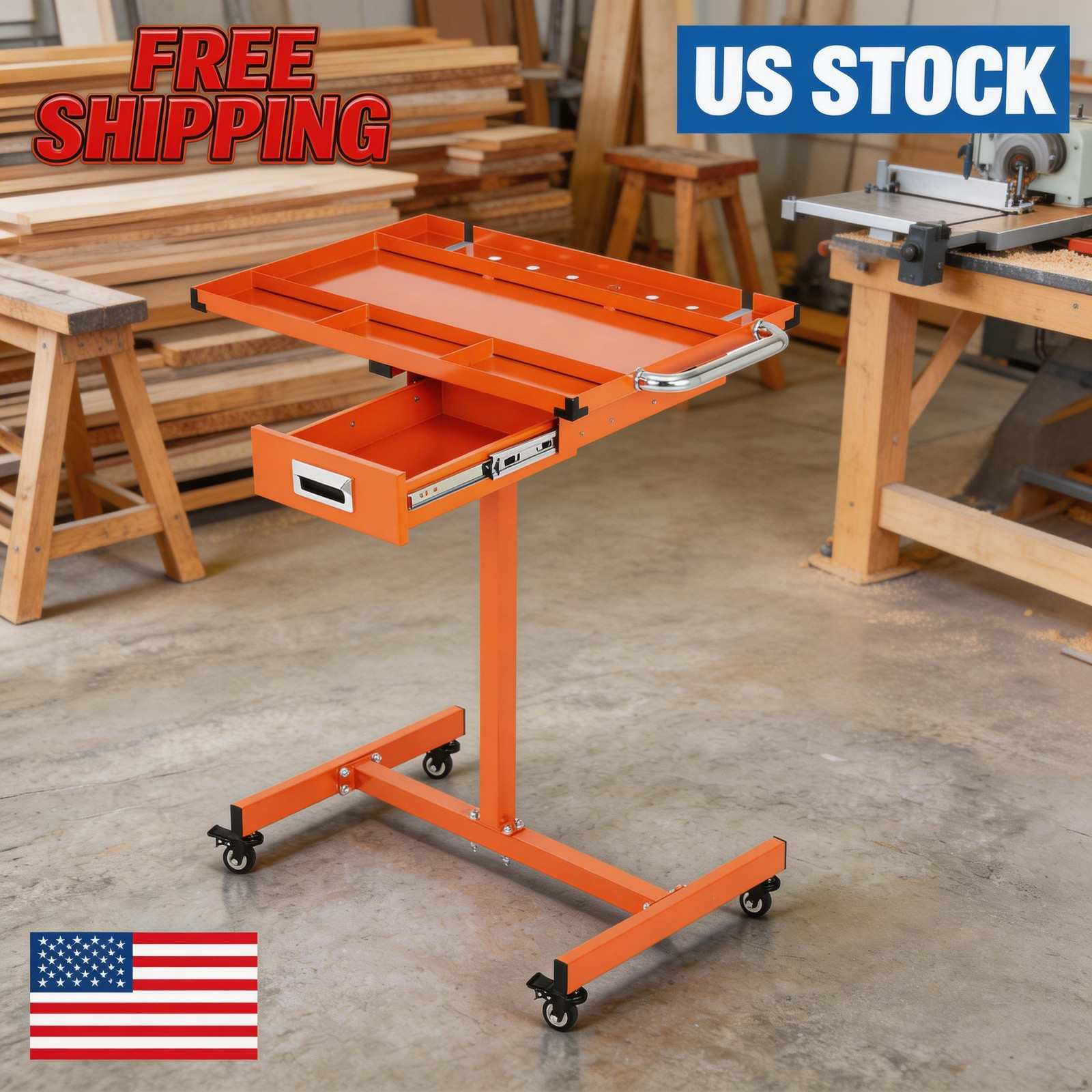 Workbench with Locking Casters, Adjustable Height 35"-44.8" Rolling Steel