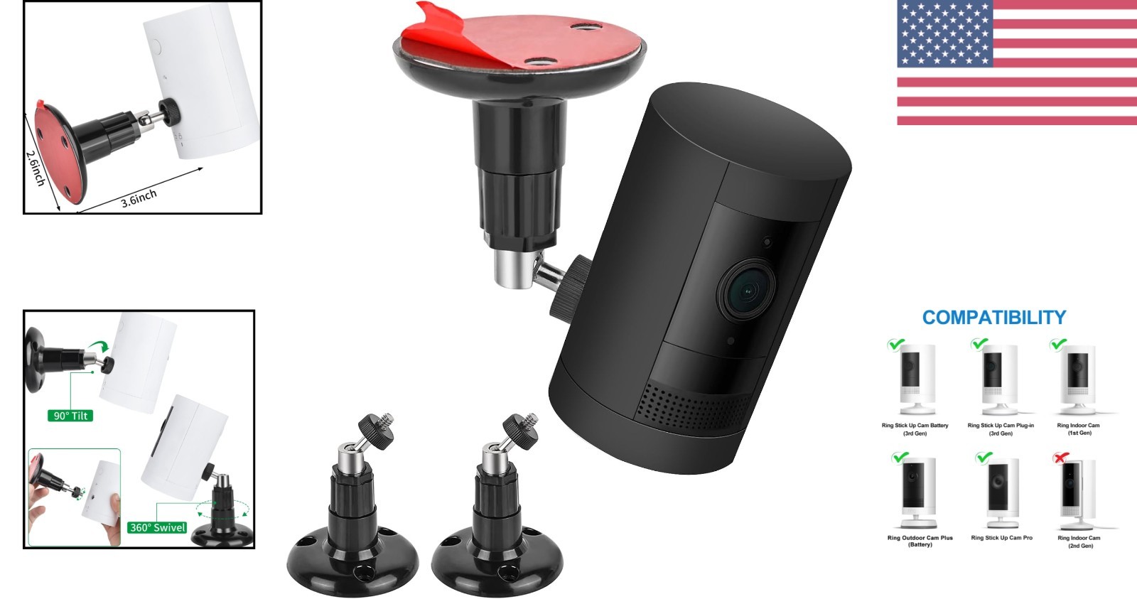 2-Pack Adjustable Wall Mount for Ring Stick Up Cam - Easy Screwless Installation