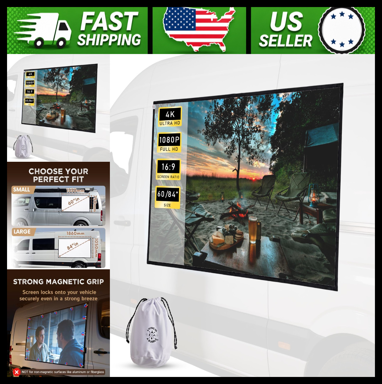 Magnetic Portable Outdoor Projector Screen 16:9 Foldable White 60 Inch