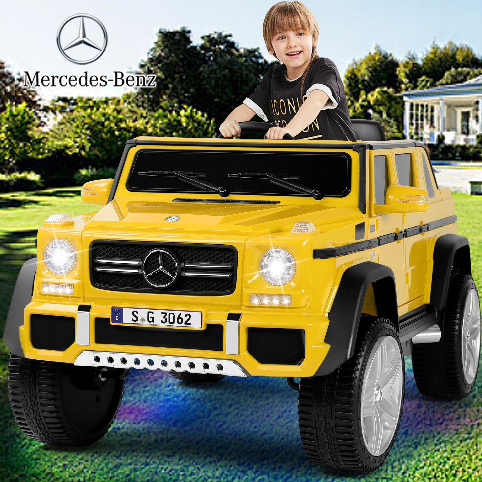 Yellow 12V Kids Ride On Mercedes-Benz Car Electric Toys 3-Speed,LED,Music,Remote