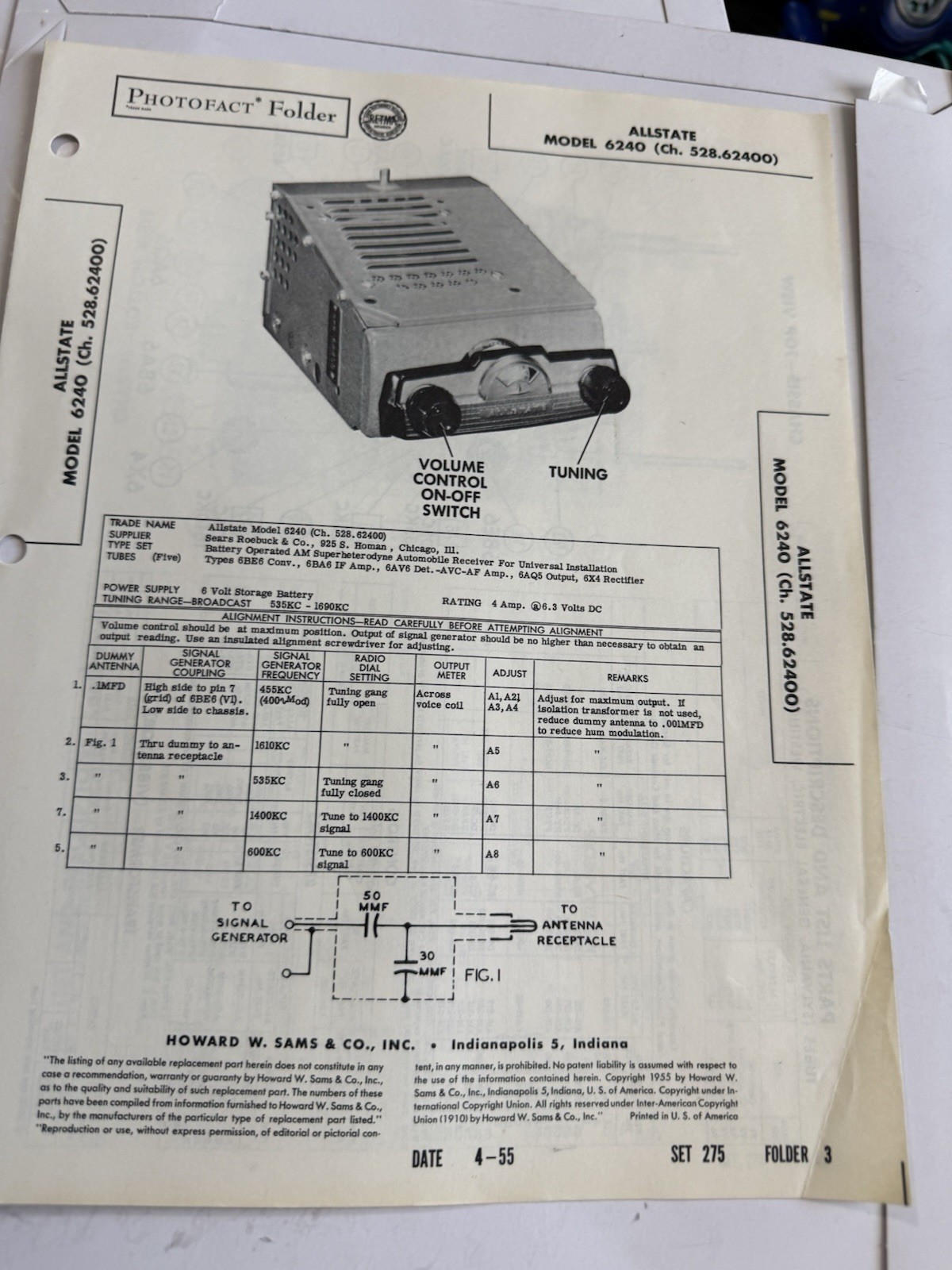 SAMS Photofact Set 275 Folder 3 Allstate 6240 Ch 528.62400 4-55