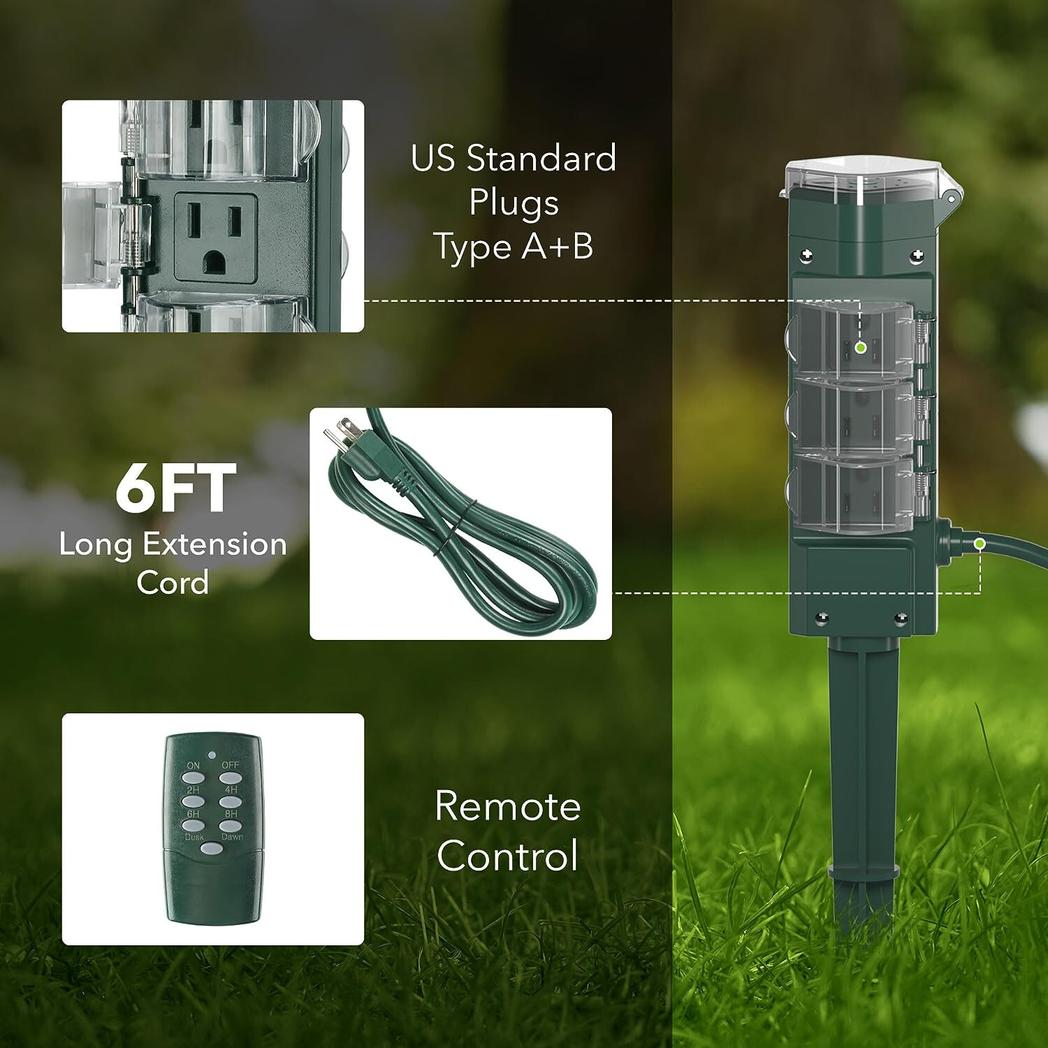 HBN Outdoor Power Strip Timer with Photocell (w Remote Control) Countdown Timer
