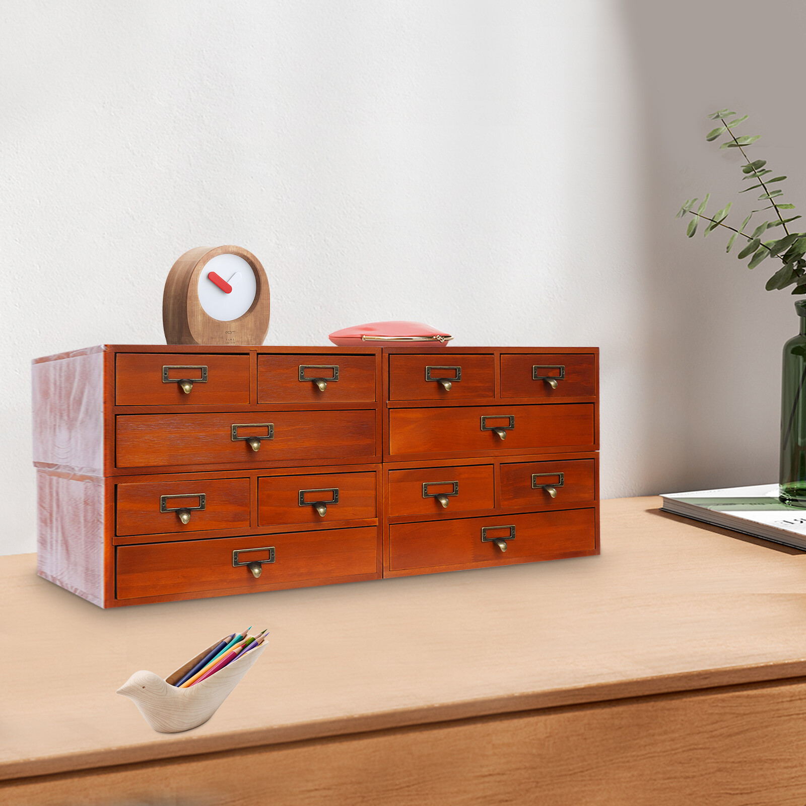 4pcs 3 Drawer Wooden Desktop Organizer Drawer Storage Box For Tabletop Brown