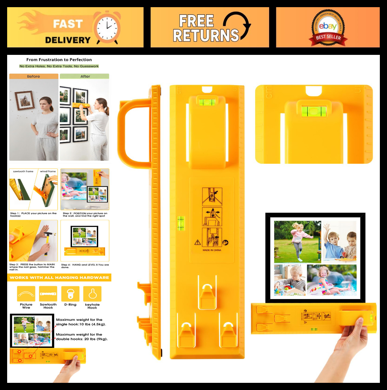 Easy Picture Hanging Tool with Level & Marker - Quick & Precise Wall Decor Devic