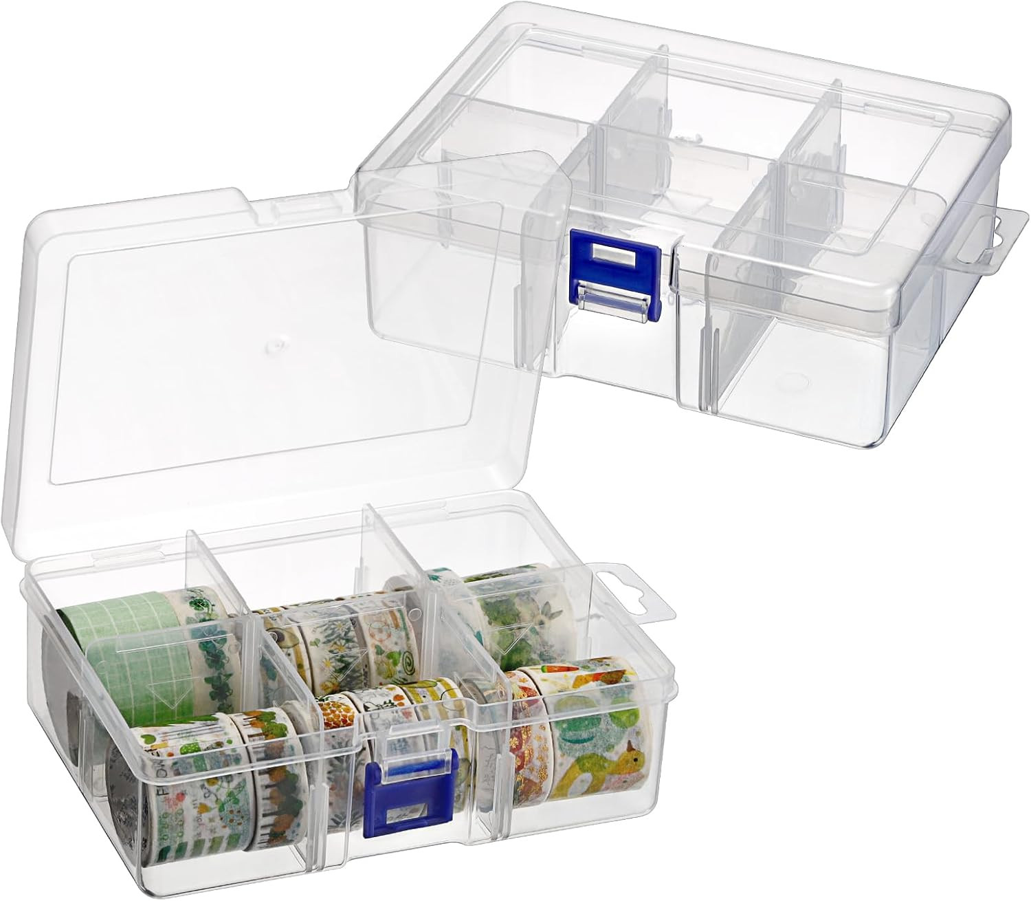 2 Pack Plastic Storage Box with 6-Compartment Grids, Washi Tape Organizer with R