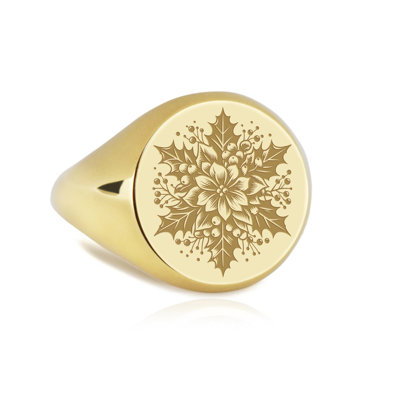 14K Gold Holly Ring, December Birth Flower Signet, Engraved Gardening Jewelry