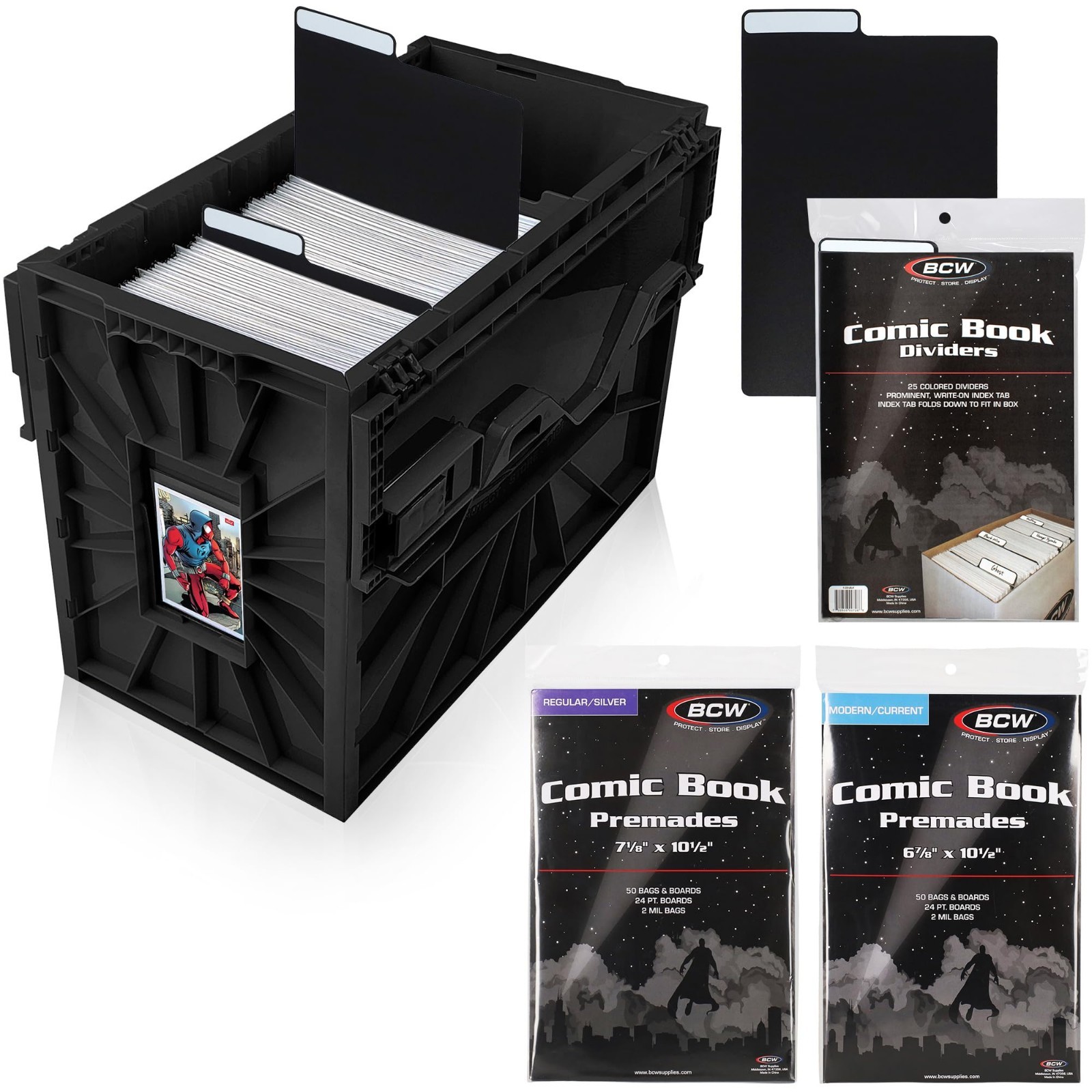 Comic Book Storage Bin Starter Kit - Short Dividers, Silver & Current Bags/Board