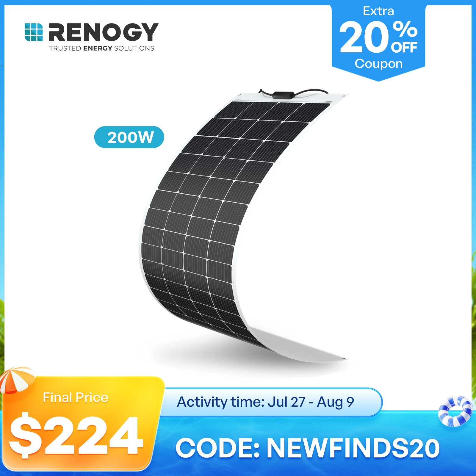 Renogy 200W Flexible Solar Panel with High Efficiency Solar Modules, Lightweight