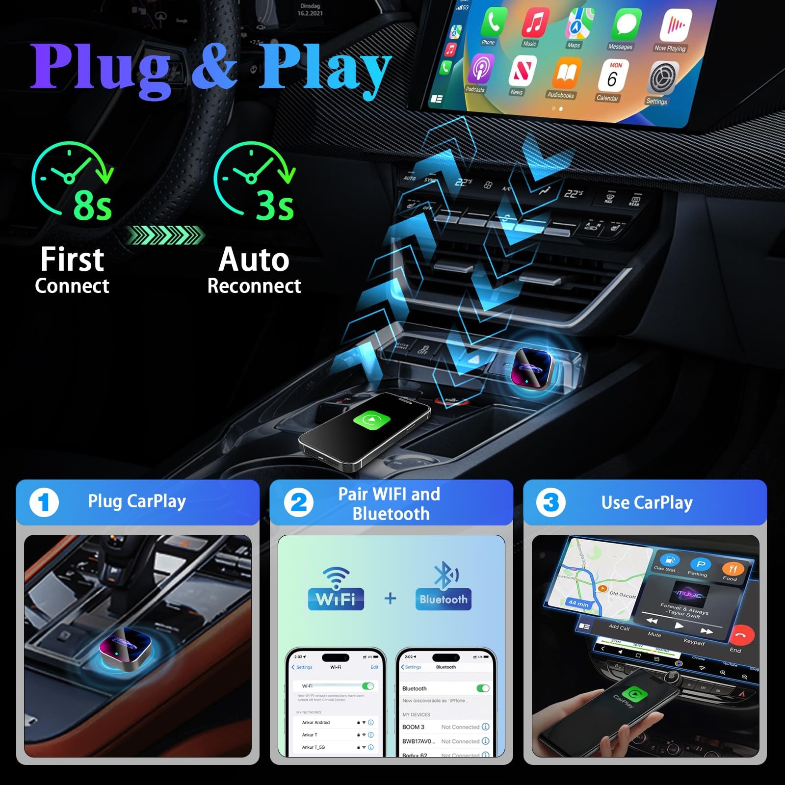2026 Wireless CarPlay Adapter Upgrade Wired to Wireless, Multicolor