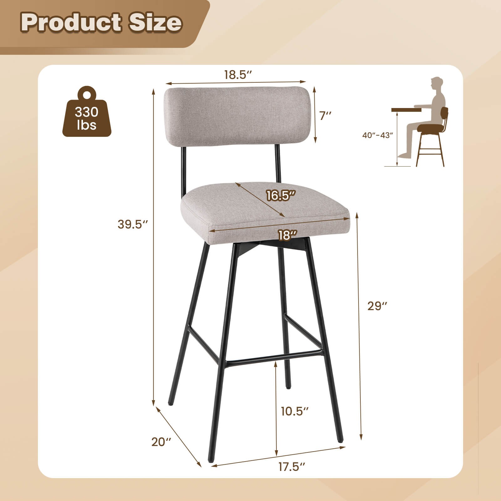 4PCS Swivel Bar Stools Bar Height Upholstered Kitchen Dining Chairs Beige