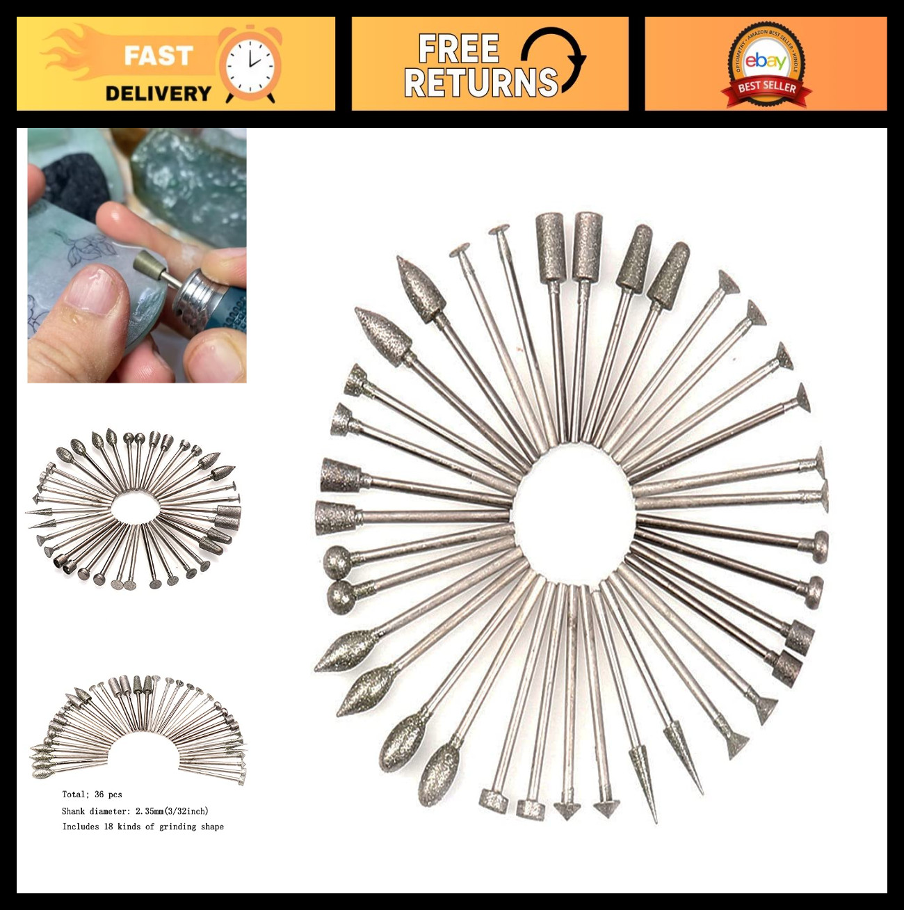 36 Pcs Diamond Grinding Burr Set - 3/32" Shank, 18 Shapes for Dremel Tool