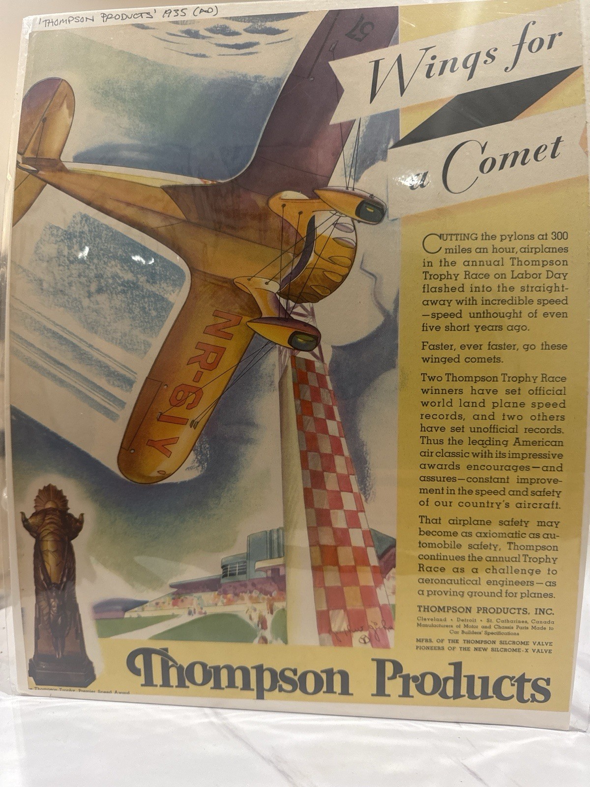 1935 Thompson Products Aviation Ad Wings For Comet Air Race Art Deco Poster