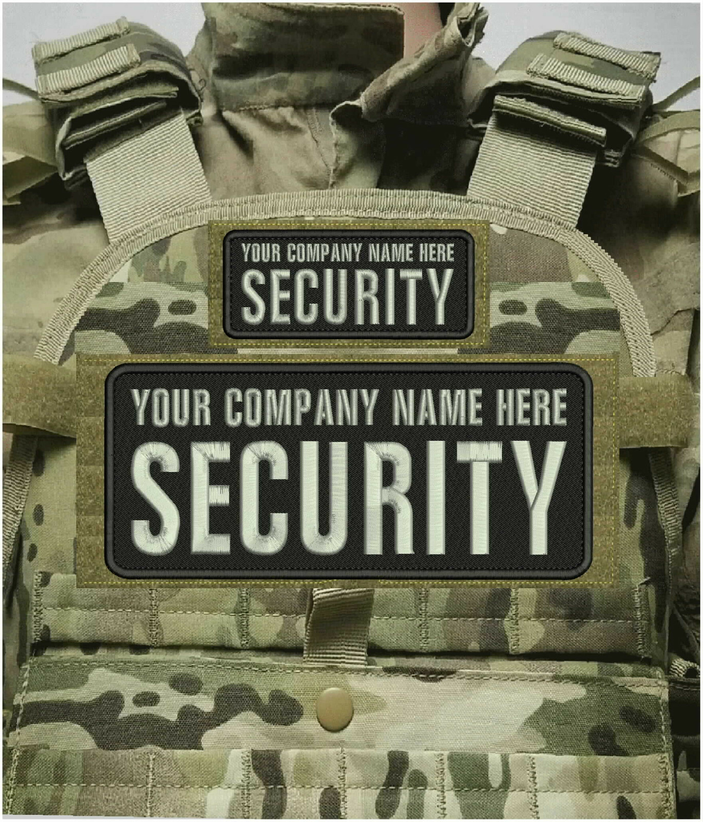CUSTOM SECURITY EMBROIDERY PATCH 4X10 AND 2X5 HOOK ON BACK  BLK/SILVER