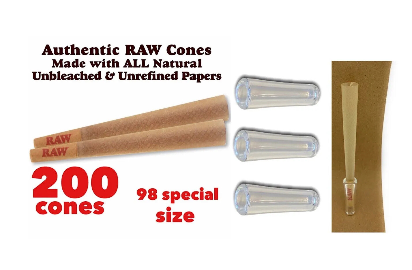 RAW classic 98 special size pre rolled cone (200PK)+3X glass cone holder tip