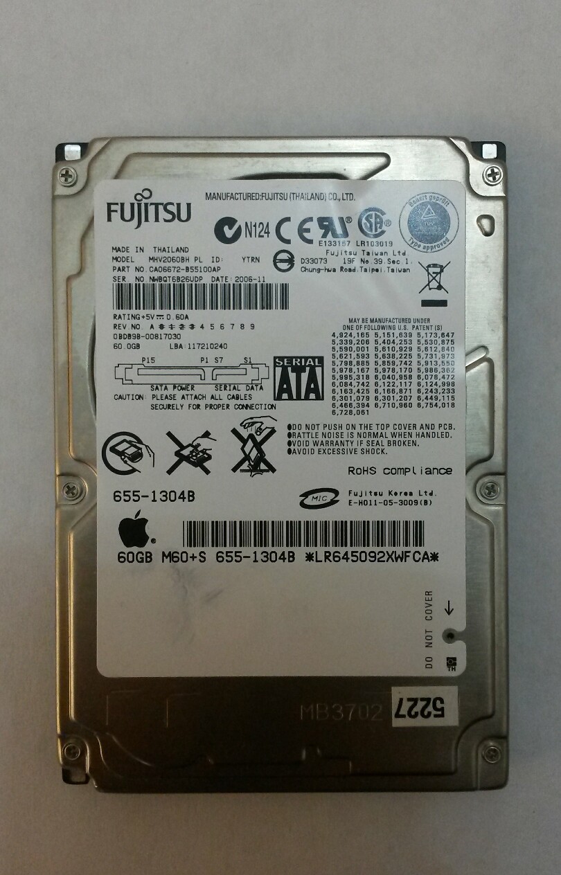 Fujitsu MHV2060BH 60GB SATA Laptop Drive P/N:CA06672-B55100AP S/N:NWBQT6B26UDP