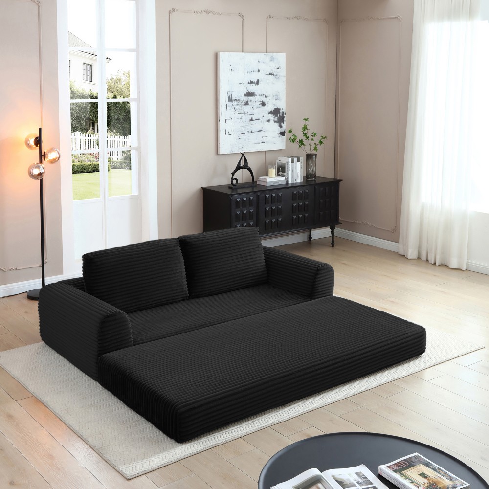 Modern Black Corduroy Convertible Sofa Bed w/ Pillows, 2-in-1 Sleeper Futon